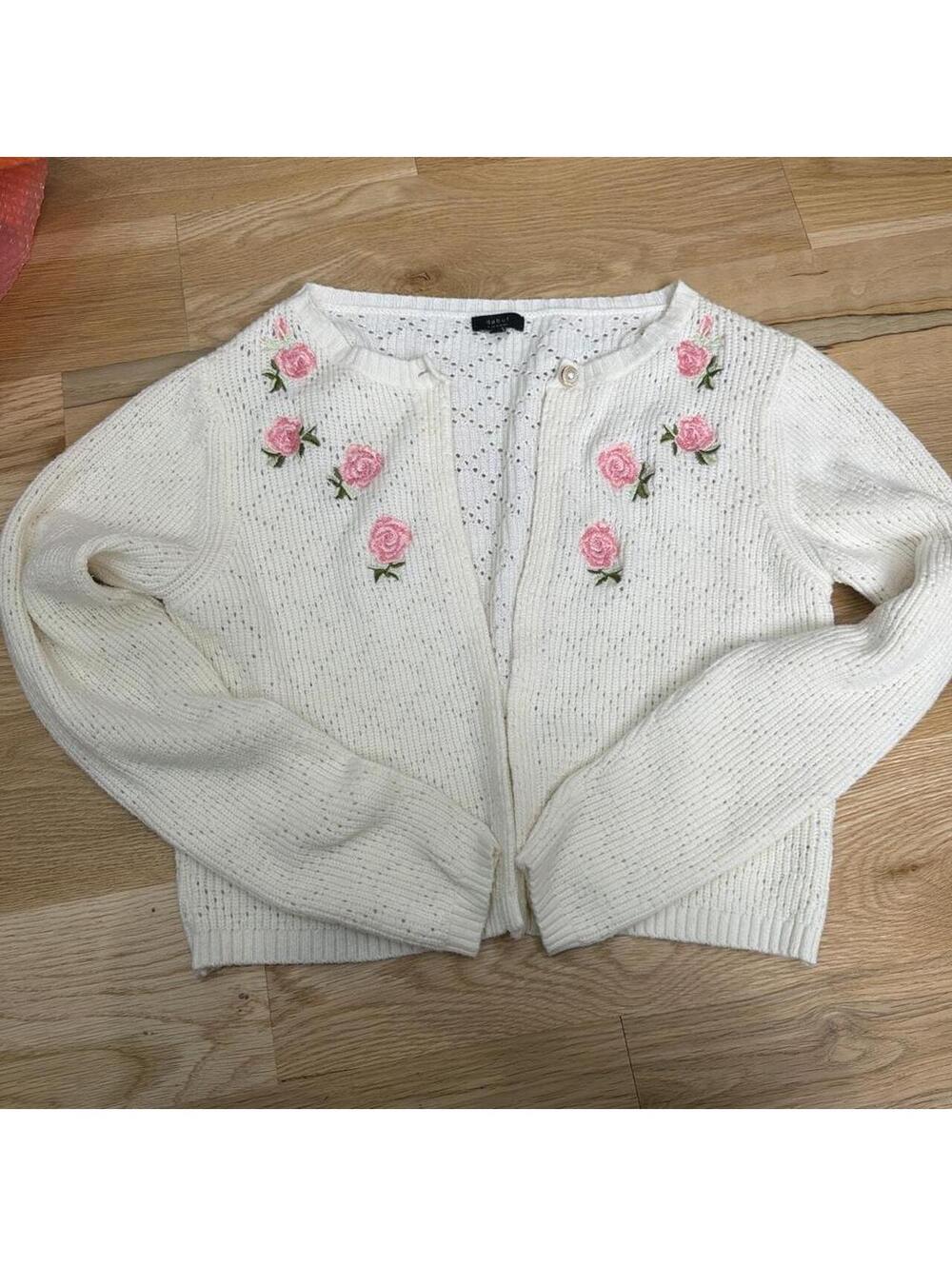 Debut Women's Cream Floral Embroidered Cardigan with Pearl Button Size L